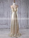 Tulle Sequined A-line V-neck Sweep Train with Sequins Bridesmaid Dresses #DOB01013183