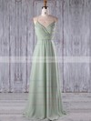 Chiffon Tulle A-line V-neck Floor-length with Appliques Lace Bridesmaid Dresses #DOB01013184