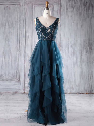 Lace Tulle A-line V-neck Floor-length with Tiered Bridesmaid Dresses #DOB01013225
