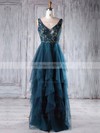 Lace Tulle A-line V-neck Floor-length with Tiered Bridesmaid Dresses #DOB01013225