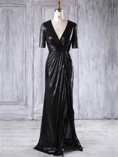 Sequined Sheath/Column V-neck Sweep Train with Split Front Bridesmaid Dresses #DOB01013227