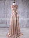 Sequined A-line Scoop Neck Sweep Train with Ruffles Bridesmaid Dresses #DOB01013231