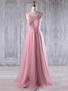Tulle A-line Scoop Neck Floor-length with Appliques Lace Bridesmaid Dresses #DOB01013243