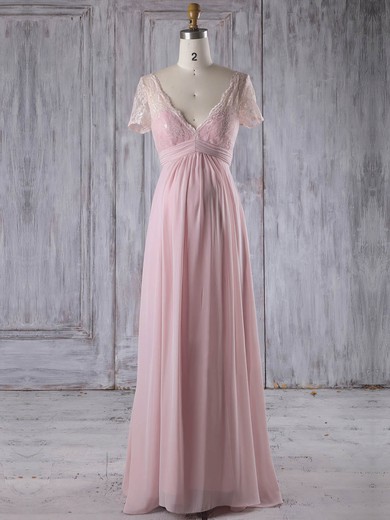 Lace Chiffon Empire V-neck Floor-length with Ruffles Bridesmaid Dresses #DOB01013249
