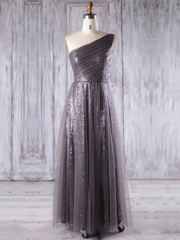 Tulle Sequined A-line One Shoulder Floor-length with Ruffles Bridesmaid Dresses #DOB01013269