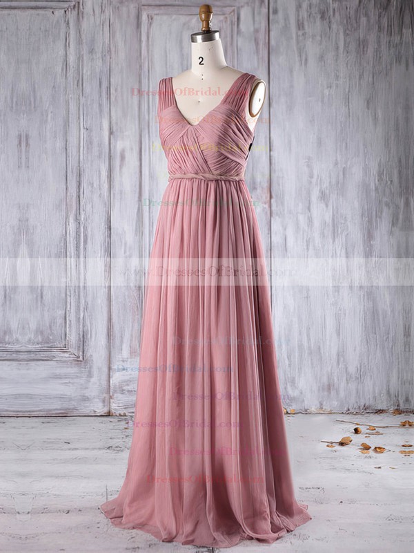 Chiffon A-line V-neck Floor-length with Ruffles Bridesmaid Dresses #DOB01013271