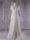 Lace Tulle A-line V-neck Sweep Train with Ruffles Bridesmaid Dresses #DOB01013298