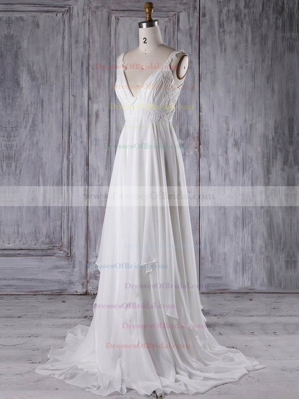 Chiffon A-line V-neck Sweep Train with Appliques Lace Bridesmaid Dresses #DOB01013299