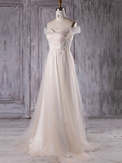 Tulle A-line V-neck Sweep Train with Appliques Lace Bridesmaid Dresses #DOB01013301
