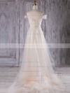 Tulle A-line V-neck Sweep Train with Appliques Lace Bridesmaid Dresses #DOB01013301