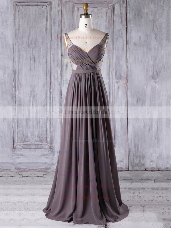 Chiffon Tulle A-line V-neck Floor-length with Pearl Detailing Bridesmaid Dresses #DOB01013304
