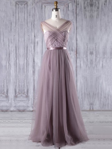 Lace Tulle A-line V-neck Floor-length with Sashes / Ribbons Bridesmaid Dresses #DOB01013308