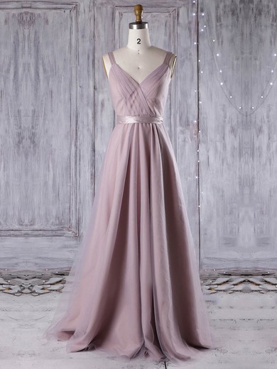 Tulle A-line V-neck Floor-length with Sashes / Ribbons Bridesmaid Dresses #DOB01013311