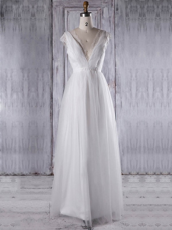Tulle A-line V-neck Floor-length with Sashes / Ribbons Bridesmaid Dresses #DOB01013315