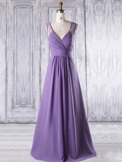 Lace Chiffon A-line V-neck Floor-length with Ruffles Bridesmaid Dresses #DOB01013319