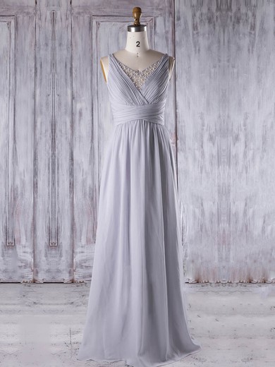 Chiffon Tulle A-line V-neck Floor-length with Pearl Detailing Bridesmaid Dresses #DOB01013331