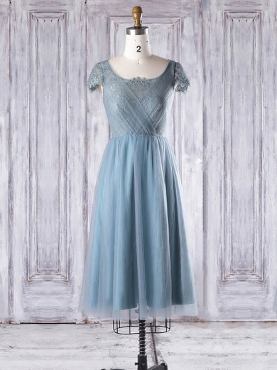 Lace Tulle A-line Scoop Neck Knee-length with Ruffles Bridesmaid Dresses #DOB01013332