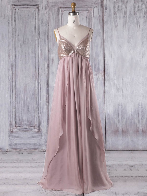 Chiffon Empire V-neck Floor-length with Sequins Bridesmaid Dresses #DOB01013333