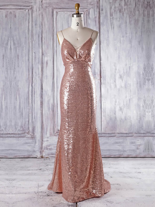 Sequined Trumpet/Mermaid V-neck Sweep Train with Ruffles Bridesmaid Dresses #DOB01013336