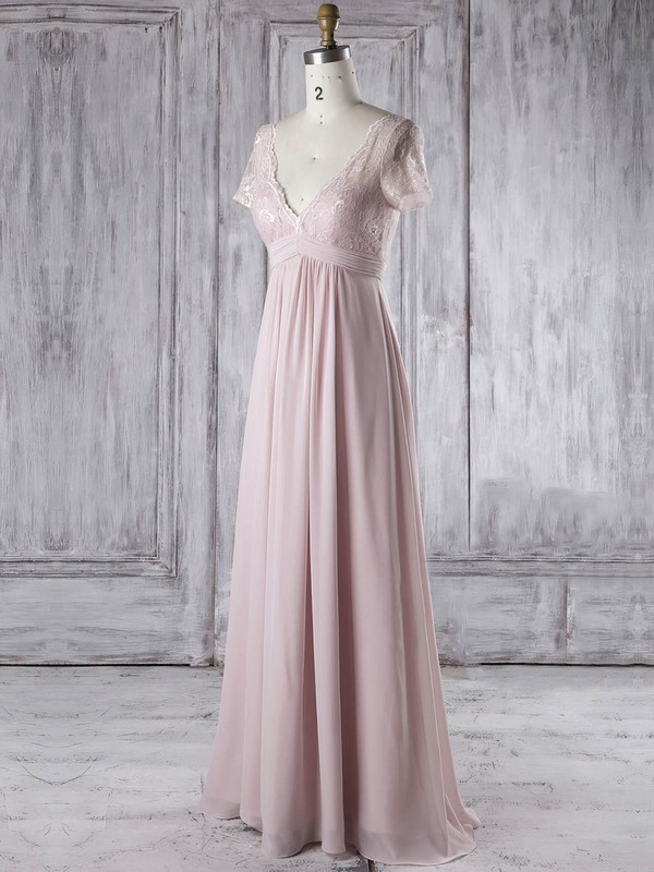 Lace Chiffon Empire V-neck Floor-length with Ruffles Bridesmaid Dresses #DOB01013339