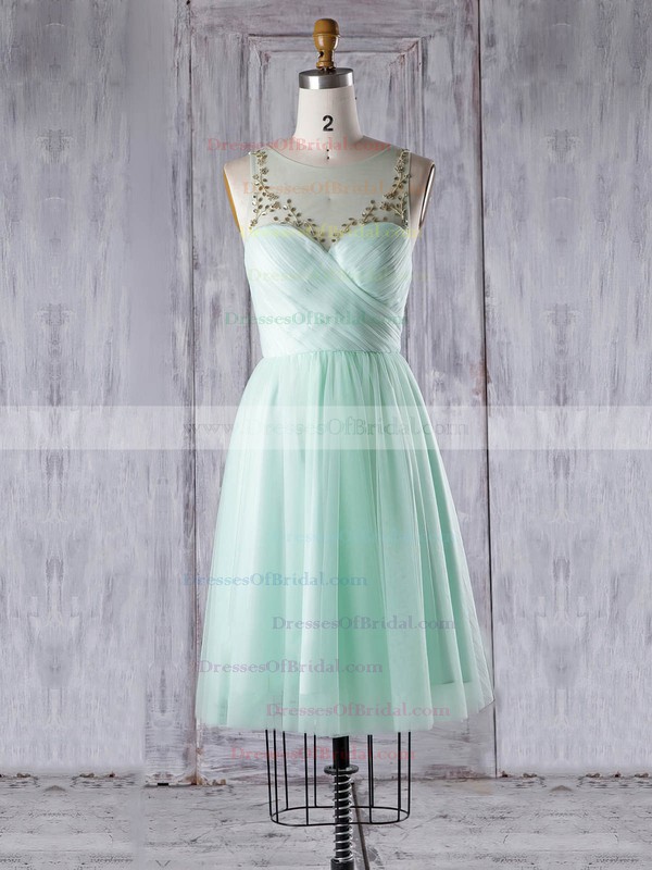 Tulle A-line Scoop Neck Knee-length with Beading Bridesmaid Dresses #DOB01013344