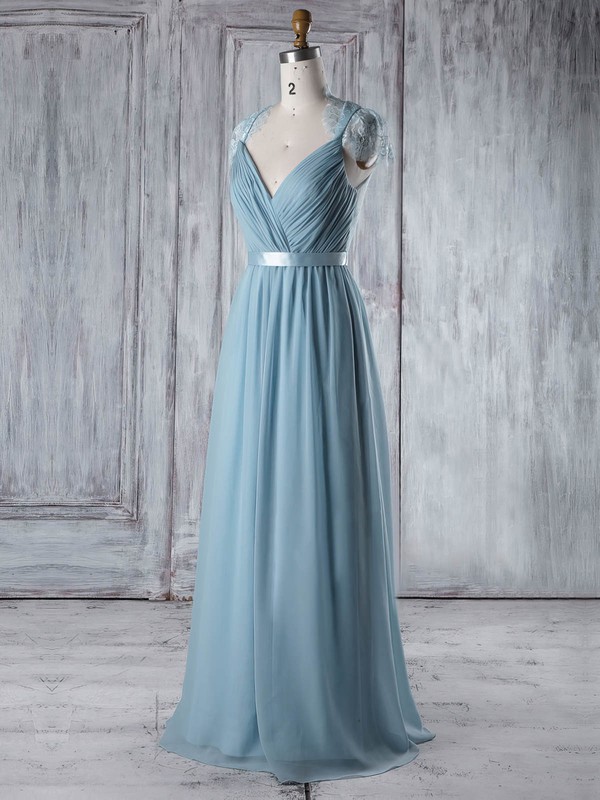 Lace Chiffon A-line V-neck Floor-length with Sashes / Ribbons Bridesmaid Dresses #DOB01013345