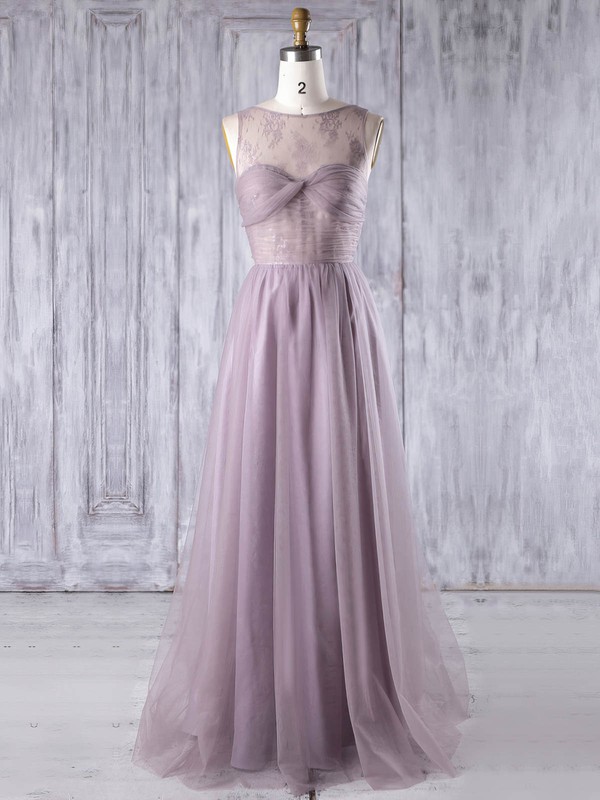 Lace Tulle A-line Scoop Neck Floor-length with Criss Cross Bridesmaid Dresses #DOB01013350