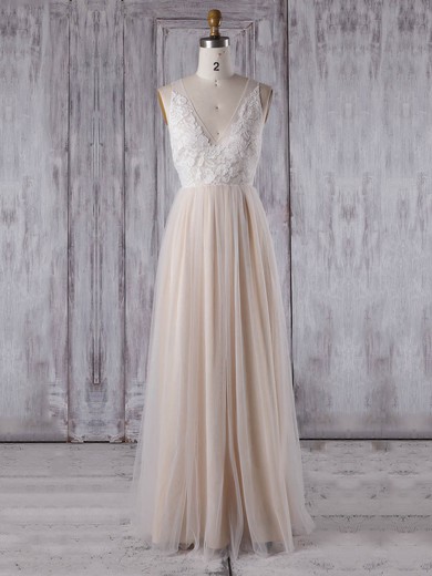 Tulle A-line V-neck Floor-length with Appliques Lace Bridesmaid Dresses #DOB01013351