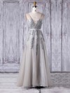 Tulle A-line V-neck Floor-length with Pearl Detailing Bridesmaid Dresses #DOB01013361