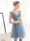 Tulle A-line V-neck Short/Mini with Sashes / Ribbons Bridesmaid Dresses #DOB01013399