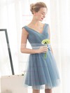 Tulle A-line V-neck Short/Mini with Sashes / Ribbons Bridesmaid Dresses #DOB01013399