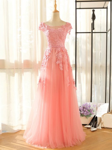 Tulle A-line Scoop Neck Floor-length with Appliques Lace Bridesmaid Dresses #DOB01013407