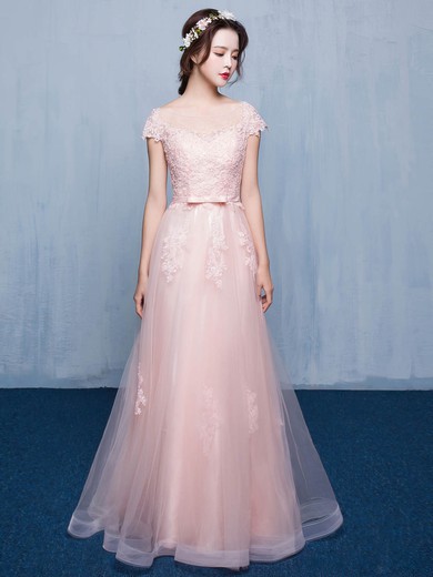 Tulle A-line Scoop Neck Floor-length with Appliques Lace Bridesmaid Dresses #DOB01013414