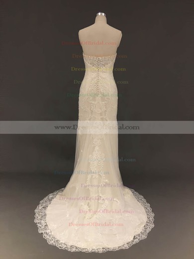 Tulle Trumpet/Mermaid Sweetheart Sweep Train with Appliques Lace Wedding Dresses #DOB00022900