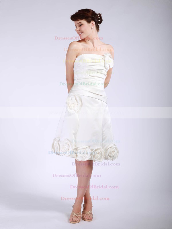 Strapless A-line Tea-length Satin Flower(s) Bridesmaid Dresses #DOB01012048