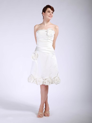 Strapless A-line Tea-length Satin Flower(s) Bridesmaid Dresses #DOB01012048