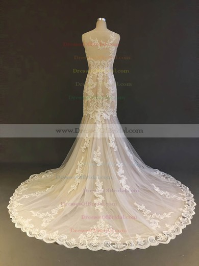 Tulle Trumpet/Mermaid Scoop Neck Court Train with Appliques Lace Wedding Dresses #DOB00022903