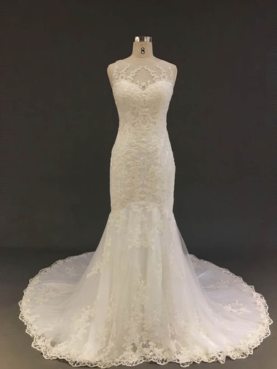 Tulle Trumpet/Mermaid Scoop Neck Court Train with Appliques Lace Wedding Dresses #DOB00022904