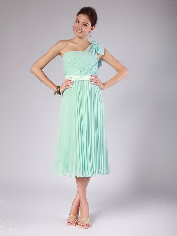 One Shoulder A-line Tea-length Chiffon Pleats Bridesmaid Dresses #DOB02013602