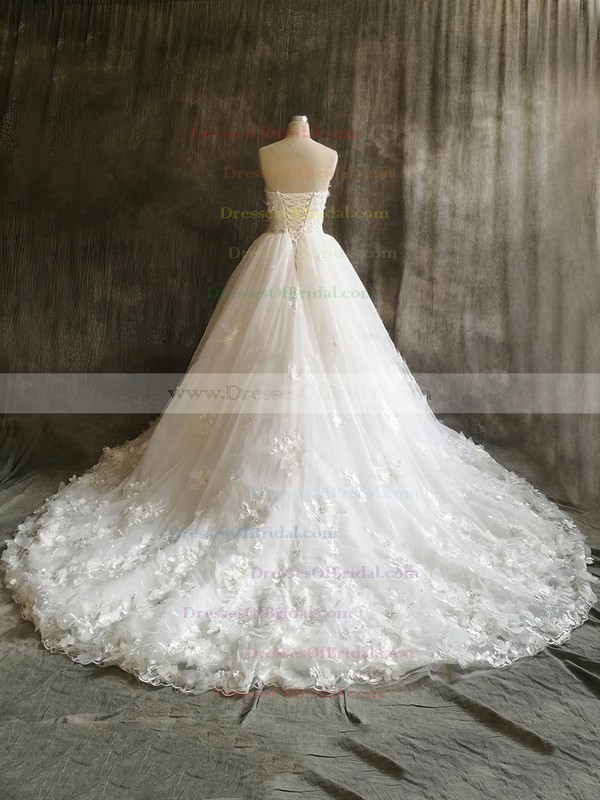 Tulle Ball Gown Sweetheart Court Train with Flower(s) Wedding Dresses #DOB00022912