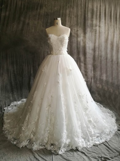 Tulle Ball Gown Sweetheart Court Train with Flower(s) Wedding Dresses #DOB00022912