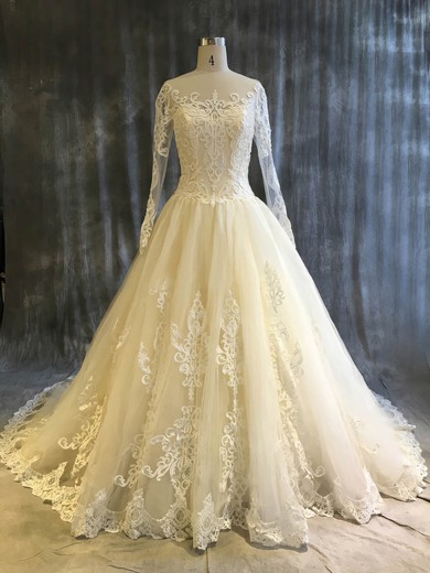 Tulle Ball Gown Scoop Neck Chapel Train with Appliques Lace Wedding Dresses #DOB00022913