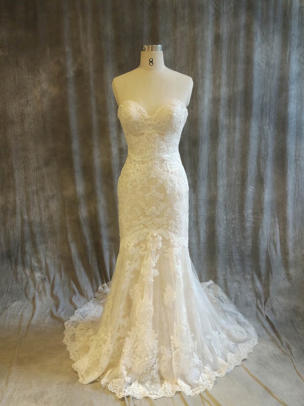 Tulle Trumpet/Mermaid Sweetheart Sweep Train with Appliques Lace Wedding Dresses #DOB00022915