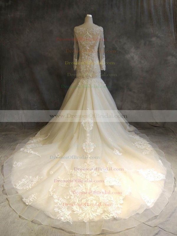 Organza Tulle Trumpet/Mermaid Scoop Neck Chapel Train with Appliques Lace Wedding Dresses #DOB00022918