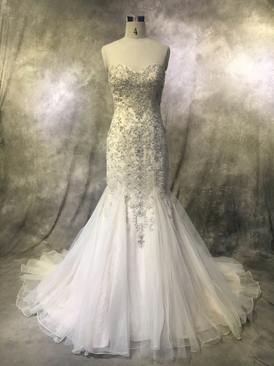 Tulle Trumpet/Mermaid Sweetheart Court Train with Pearl Detailing Wedding Dresses #DOB00022922