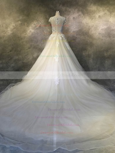 Tulle Ball Gown Scoop Neck Cathedral Train with Appliques Lace Wedding Dresses #DOB00022924