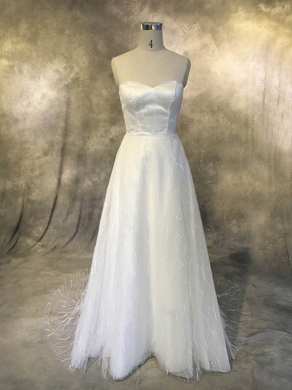 Tulle A-line Sweetheart Sweep Train with Ruffles Wedding Dresses #DOB00022926