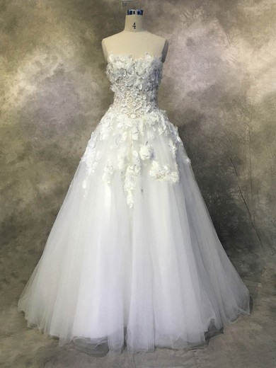 Tulle Ball Gown Strapless Chapel Train with Appliques Lace Wedding Dresses #DOB00022937