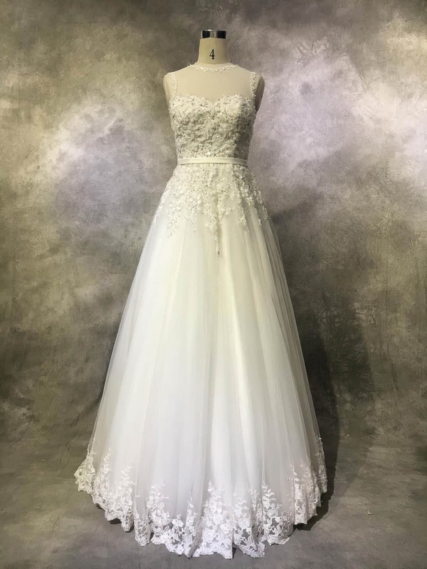 Tulle Princess Scoop Neck Floor-length with Sashes / Ribbons Wedding Dresses #DOB00022939