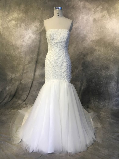 Tulle Trumpet/Mermaid Strapless Court Train with Flower(s) Wedding Dresses #DOB00022940